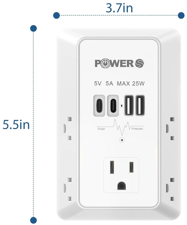 Alt view image 7 of 7 - Electrical Outlet Extender with USB Ports (2C2A), Snug Wall Outlet, Surge Protector, Wall Plug Adapter for Multiple Devices, Wall Socket Expander