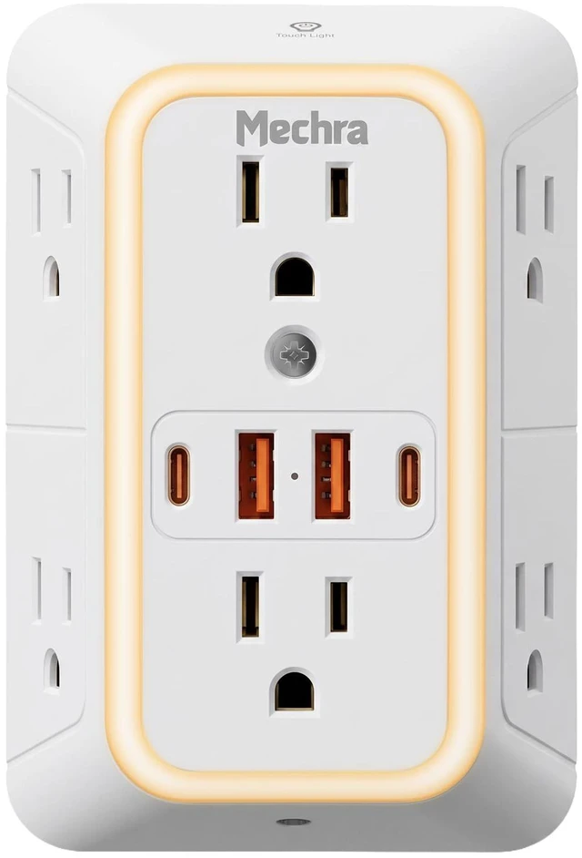 Main image of 10-in-1 Wall Outlet Extender with Night Light, 3-Sided Multi Plug Surge Protector (1050J), 6 Wide Spaced AC Outlets & 4 USB Ports, Wall Mount Wall Charger for Home, Office, School & Travel
