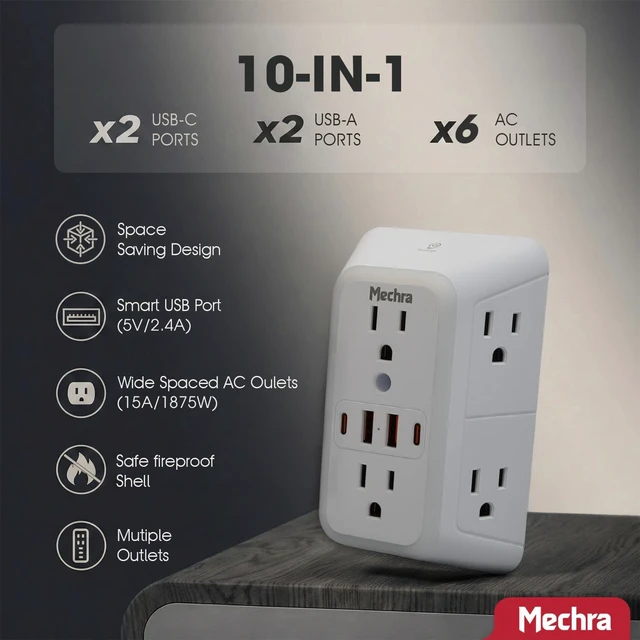 Alt view image 2 of 7 - 10-in-1 Wall Outlet Extender with Night Light, 3-Sided Multi Plug Surge Protector (1050J), 6 Wide Spaced AC Outlets & 4 USB Ports, Wall Mount Wall Charger for Home, Office, School & Travel