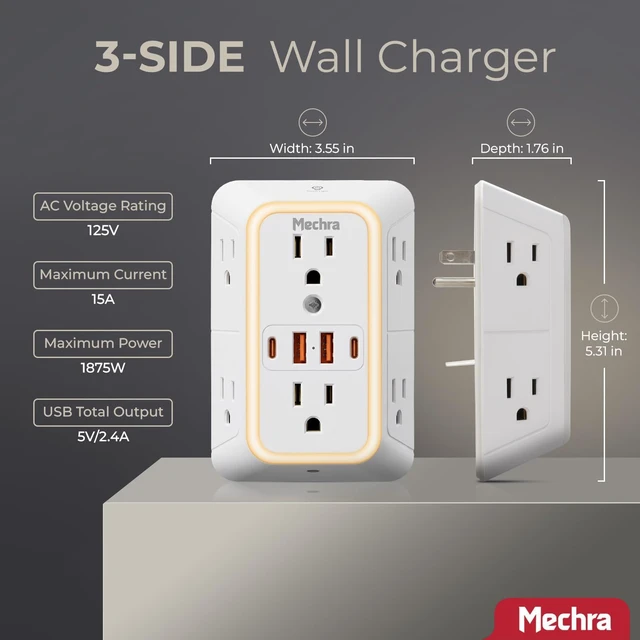 Alt view image 5 of 7 - 10-in-1 Wall Outlet Extender with Night Light, 3-Sided Multi Plug Surge Protector (1050J), 6 Wide Spaced AC Outlets & 4 USB Ports, Wall Mount Wall Charger for Home, Office, School & Travel