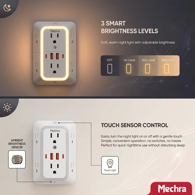 Alt view image 3 of 7 - 10-in-1 Wall Outlet Extender with Night Light, 3-Sided Multi Plug Surge Protector (1050J), 6 Wide Spaced AC Outlets & 4 USB Ports, Wall Mount Wall Charger for Home, Office, School & Travel