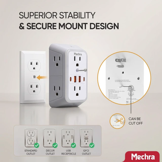 Alt view image 6 of 7 - 10-in-1 Wall Outlet Extender with Night Light, 3-Sided Multi Plug Surge Protector (1050J), 6 Wide Spaced AC Outlets & 4 USB Ports, Wall Mount Wall Charger for Home, Office, School & Travel