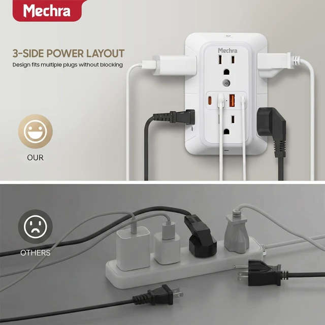 Alt view image 7 of 7 - 10-in-1 Wall Outlet Extender with Night Light, 3-Sided Multi Plug Surge Protector (1050J), 6 Wide Spaced AC Outlets & 4 USB Ports, Wall Mount Wall Charger for Home, Office, School & Travel