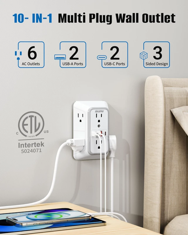 Alt view image 2 of 7 - Wall Outlet Extender, 1050J Surge Protector, 6 Outlets 4 USB(2 USB-C),White | 3-Sided Multi Plug Outlet, 2.1in Wide Spaced Power Strip, 1875W, ETL Listed, Wall Plug for Home Office Dorm Travel