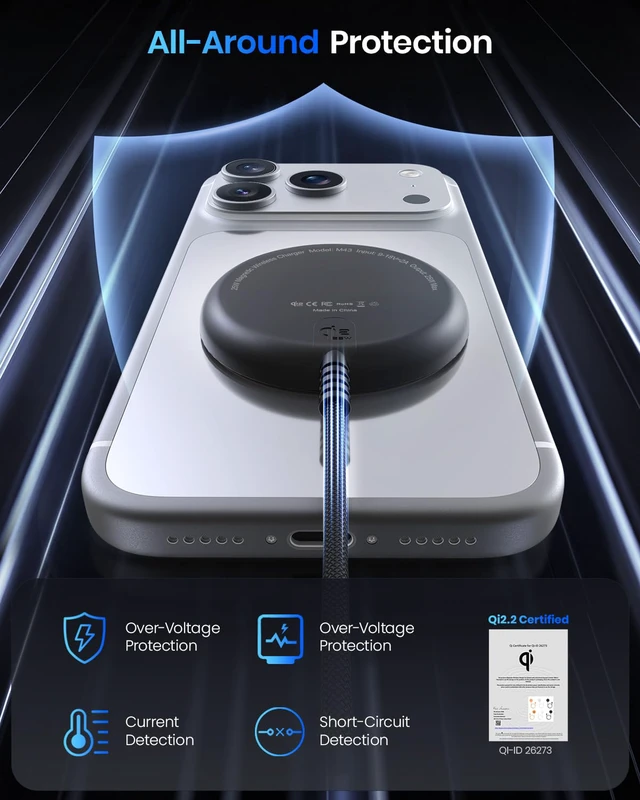 Alt view image 4 of 7 - Magnetic 25W Wireless Charger, 5FT Qi2 Fast Charging Pad Compatible with MagSafe for iPhone Air/17e/17/16/15/14/13/12/Pro/Pro Max Series & AirPods 4/3/2/Pro & More (with 30W Adapter)