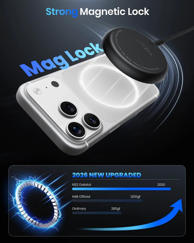 Alt view image 5 of 7 - Magnetic 25W Wireless Charger, 5FT Qi2 Fast Charging Pad Compatible with MagSafe for iPhone Air/17e/17/16/15/14/13/12/Pro/Pro Max Series & AirPods 4/3/2/Pro & More (with 30W Adapter)