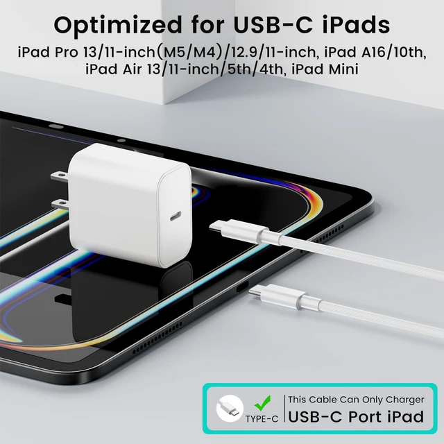 Alt view image 2 of 7 - USB C Fast Charger for Apple iPad Pro 13/11/12.9 inch, iPad A16/10th Generation, iPad Air 13/11-in/5th/4th/Mini, 20W Type C iPad Charger Fast Charging with 6FT Woven USB C to USB C Charger Cord Cable