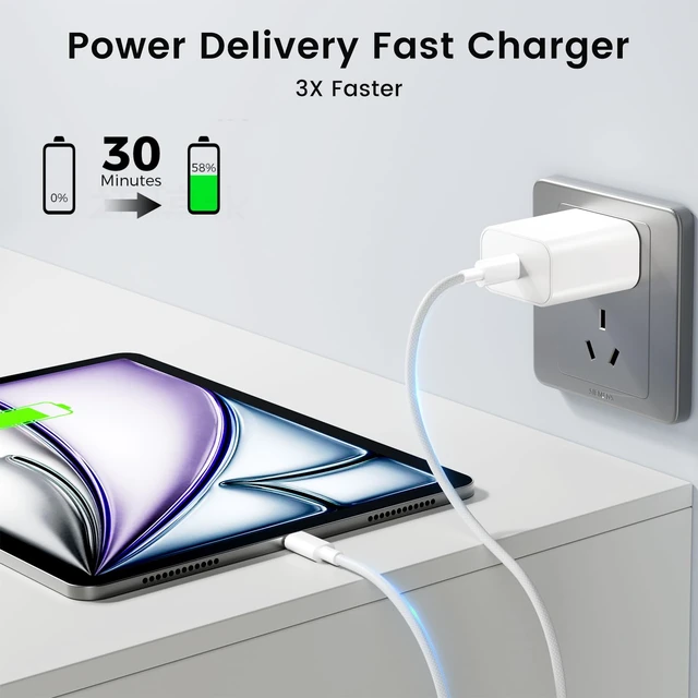 Alt view image 3 of 7 - USB C Fast Charger for Apple iPad Pro 13/11/12.9 inch, iPad A16/10th Generation, iPad Air 13/11-in/5th/4th/Mini, 20W Type C iPad Charger Fast Charging with 6FT Woven USB C to USB C Charger Cord Cable