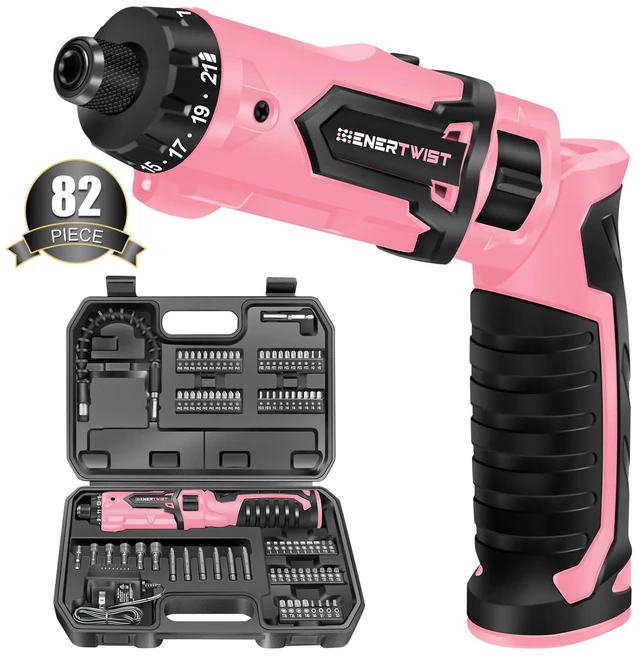 Main image of Cordless Electric 8V Pink Screwdriver with 82 Accessory Kit | 8V Max 10Nm 21+1 Cluth, Rechargeable Screwdriver, Safety Lock, Charger, Carrying Case, Dual Position Handle, LED Light