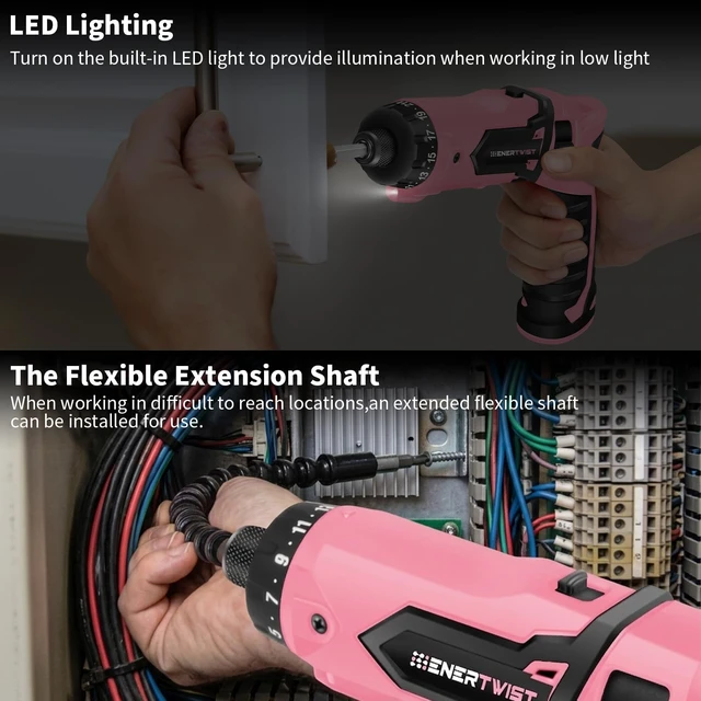 Alt view image 4 of 7 - Cordless Electric 8V Pink Screwdriver with 82 Accessory Kit | 8V Max 10Nm 21+1 Cluth, Rechargeable Screwdriver, Safety Lock, Charger, Carrying Case, Dual Position Handle, LED Light