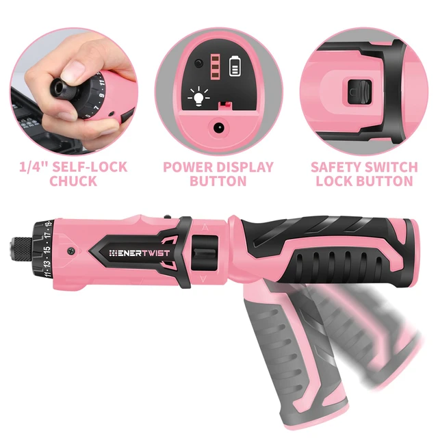 Alt view image 6 of 7 - Cordless Electric 8V Pink Screwdriver with 82 Accessory Kit | 8V Max 10Nm 21+1 Cluth, Rechargeable Screwdriver, Safety Lock, Charger, Carrying Case, Dual Position Handle, LED Light