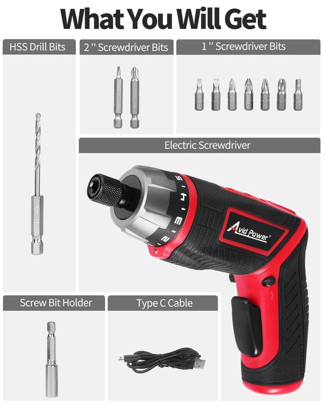 Alt view image 7 of 7 - 4V Electric Cordless Screwdriver Set 5.65Nm 11 Bits - RED | 5.65Nm, 5+1 Torque Settings, 2-Position Handle, 11 Accessories, LED Light, for Precision Assembly & Furniture Installation