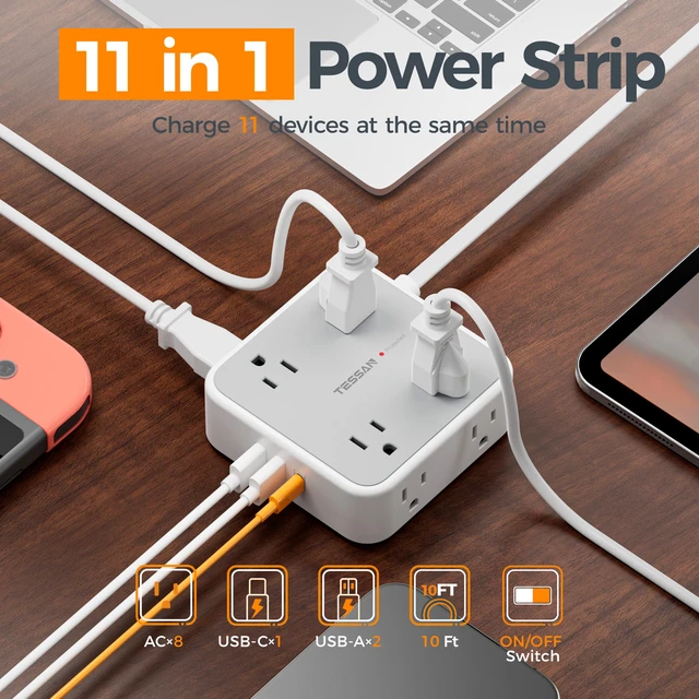 Alt view image 2 of 7 - Surge Protector Power Strip with 900J Surge Protection, 10 Ft, Grey | 8 AC 3 USB Ports (1 USB C 20W PD), Flat Plug Extension Cord with Multiple Outlets , 3 Sided Outlet Extender for Dorm Room