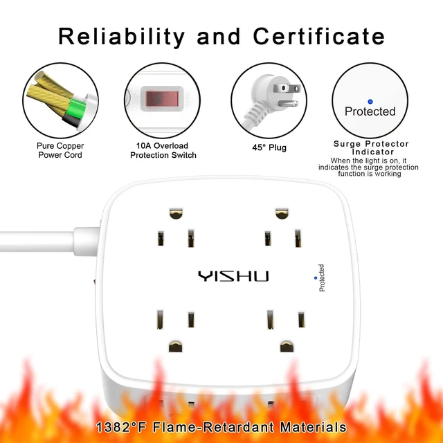 Alt view image 6 of 7 - 10 Ft Surge Protector Power Strip - 3 Side Outlet Extender with 8 Widely AC Outlets and 4 USB Ports, 10 Feet Extension Cord with Flat Plug, Wall Mount Desk USB Charging Station, ETL,White