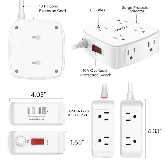 Alt view image 7 of 7 - 10 Ft Surge Protector Power Strip - 3 Side Outlet Extender with 8 Widely AC Outlets and 4 USB Ports, 10 Feet Extension Cord with Flat Plug, Wall Mount Desk USB Charging Station, ETL,White