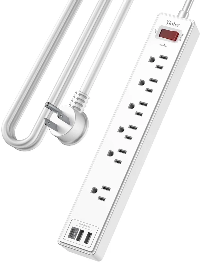 Main image of 10Ft Surge Protector Power Strip with 6 Outlets & 3 USB Ports, White | 10 Feet Flat Plug Extension Cord with Multiple Outlets for Home, Office, Dorm Essentials, 1680 Joules, ETL Listed