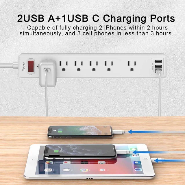 Alt view image 3 of 7 - 10Ft Surge Protector Power Strip with 6 Outlets & 3 USB Ports, White | 10 Feet Flat Plug Extension Cord with Multiple Outlets for Home, Office, Dorm Essentials, 1680 Joules, ETL Listed