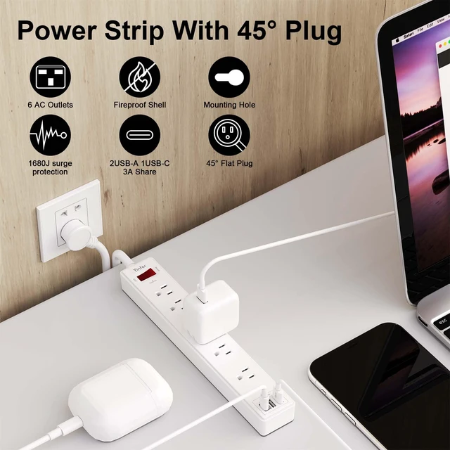 Alt view image 2 of 7 - 10Ft Surge Protector Power Strip with 6 Outlets & 3 USB Ports, White | 10 Feet Flat Plug Extension Cord with Multiple Outlets for Home, Office, Dorm Essentials, 1680 Joules, ETL Listed