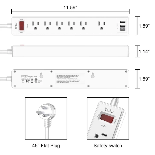 Alt view image 7 of 7 - 10Ft Surge Protector Power Strip with 6 Outlets & 3 USB Ports, White | 10 Feet Flat Plug Extension Cord with Multiple Outlets for Home, Office, Dorm Essentials, 1680 Joules, ETL Listed