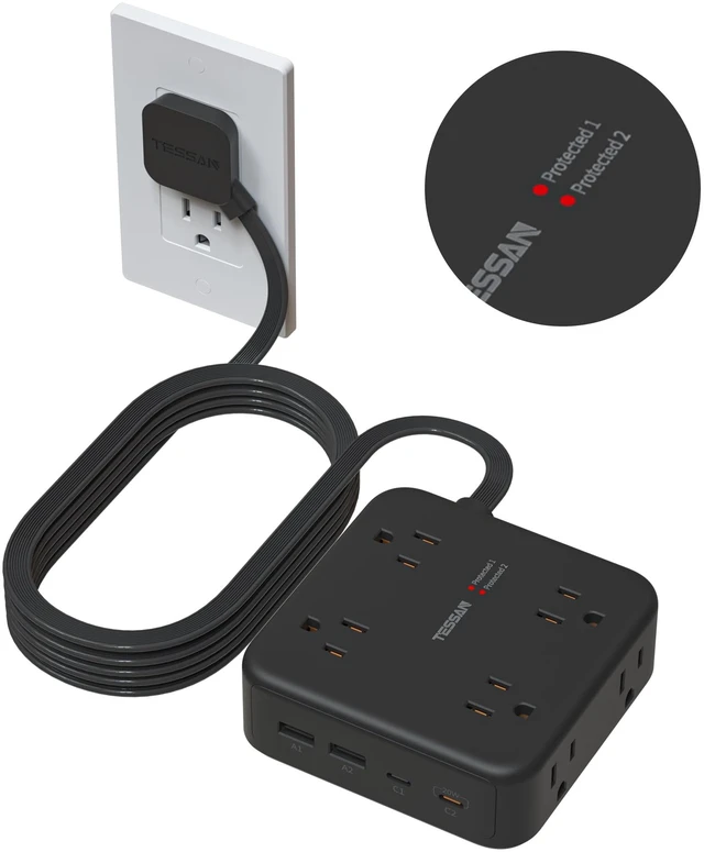 Main image of Dual Surge Protector Power Strip, 10 Ft Extension Cord Flat Plug | 4 USB (2 USB C) 8 Outlets, 2100J Surge Protection, 20W Multiple Charging Station for Home Office College Dorm, Black