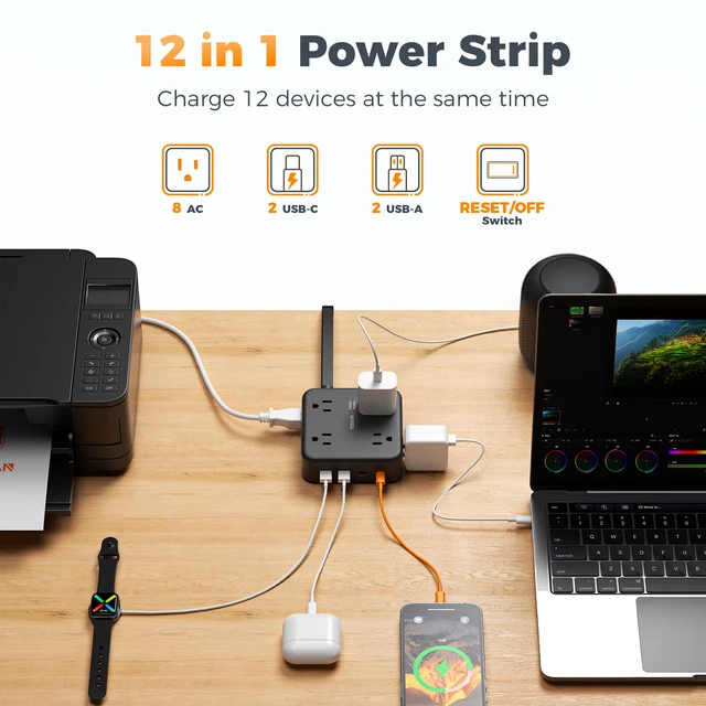 Alt view image 4 of 7 - Dual Surge Protector Power Strip, 10 Ft Extension Cord Flat Plug | 4 USB (2 USB C) 8 Outlets, 2100J Surge Protection, 20W Multiple Charging Station for Home Office College Dorm, Black