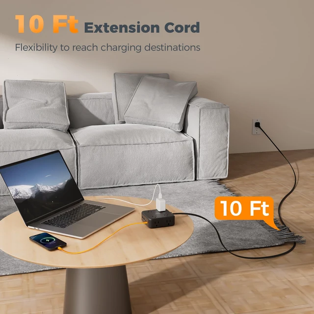 Alt view image 3 of 7 - Dual Surge Protector Power Strip, 10 Ft Extension Cord Flat Plug | 4 USB (2 USB C) 8 Outlets, 2100J Surge Protection, 20W Multiple Charging Station for Home Office College Dorm, Black