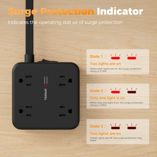 Alt view image 6 of 7 - Dual Surge Protector Power Strip, 10 Ft Extension Cord Flat Plug | 4 USB (2 USB C) 8 Outlets, 2100J Surge Protection, 20W Multiple Charging Station for Home Office College Dorm, Black