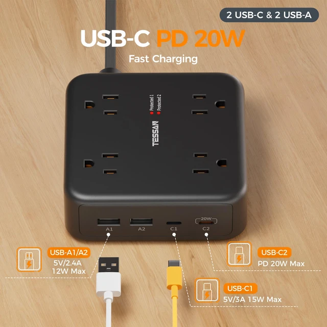 Alt view image 5 of 7 - Dual Surge Protector Power Strip, 10 Ft Extension Cord Flat Plug | 4 USB (2 USB C) 8 Outlets, 2100J Surge Protection, 20W Multiple Charging Station for Home Office College Dorm, Black