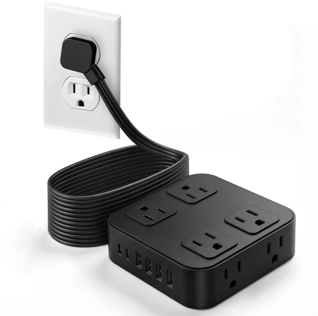 Main image of 10FT Flat Extension Cord Surge Protector with Multiple Outlets, Black | Flat Power Strip 8 AC + 6 USB Ports(2 USB-C), 900J Protection, Wall Mount, Desk Charging Station for Home, School, Dorm Room