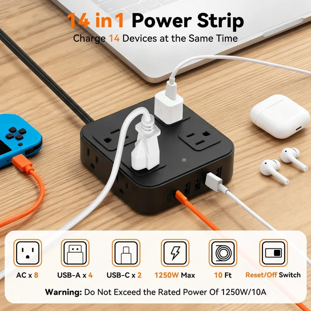 Alt view image 2 of 7 - 10FT Flat Extension Cord Surge Protector with Multiple Outlets, Black | Flat Power Strip 8 AC + 6 USB Ports(2 USB-C), 900J Protection, Wall Mount, Desk Charging Station for Home, School, Dorm Room