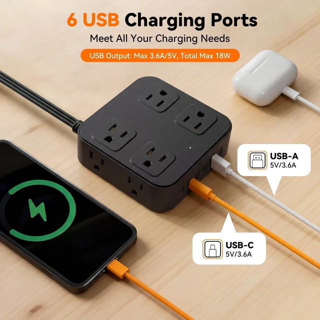 Alt view image 3 of 7 - 10FT Flat Extension Cord Surge Protector with Multiple Outlets, Black | Flat Power Strip 8 AC + 6 USB Ports(2 USB-C), 900J Protection, Wall Mount, Desk Charging Station for Home, School, Dorm Room