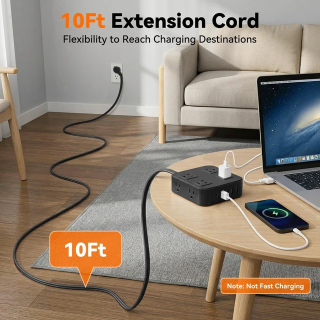 Alt view image 4 of 7 - 10FT Flat Extension Cord Surge Protector with Multiple Outlets, Black | Flat Power Strip 8 AC + 6 USB Ports(2 USB-C), 900J Protection, Wall Mount, Desk Charging Station for Home, School, Dorm Room