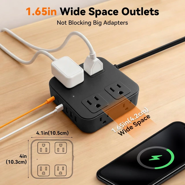 Alt view image 6 of 7 - 10FT Flat Extension Cord Surge Protector with Multiple Outlets, Black | Flat Power Strip 8 AC + 6 USB Ports(2 USB-C), 900J Protection, Wall Mount, Desk Charging Station for Home, School, Dorm Room