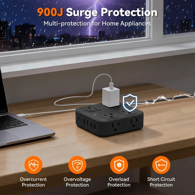 Alt view image 7 of 7 - 10FT Flat Extension Cord Surge Protector with Multiple Outlets, Black | Flat Power Strip 8 AC + 6 USB Ports(2 USB-C), 900J Protection, Wall Mount, Desk Charging Station for Home, School, Dorm Room