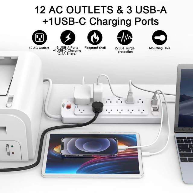 Alt view image 2 of 7 - 10 Ft Surge Protector Power Strip with 12 Outlets and 4 USB Ports | 2700 Joules, 10 Feet Heavy Duty Extension Cord with Multiple Outlets for Home, Office, Dorm Room, ETL, White
