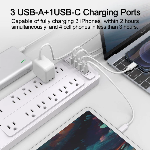 Alt view image 3 of 7 - 10 Ft Surge Protector Power Strip with 12 Outlets and 4 USB Ports | 2700 Joules, 10 Feet Heavy Duty Extension Cord with Multiple Outlets for Home, Office, Dorm Room, ETL, White
