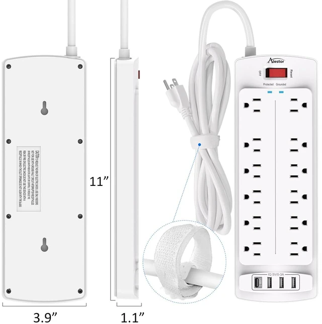Alt view image 7 of 7 - 10 Ft Surge Protector Power Strip with 12 Outlets and 4 USB Ports | 2700 Joules, 10 Feet Heavy Duty Extension Cord with Multiple Outlets for Home, Office, Dorm Room, ETL, White