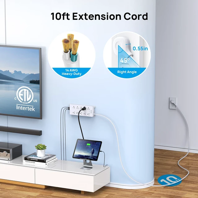 Alt view image 2 of 7 - Power Strip Surge Protector 10ft, 4000J, ETL Listed | 10 Widely Spaced Outlets, 2 USB A & 2 USB C Ports, Flat Plug Power Strip, Wall Mountable, for Home Office Garage, White