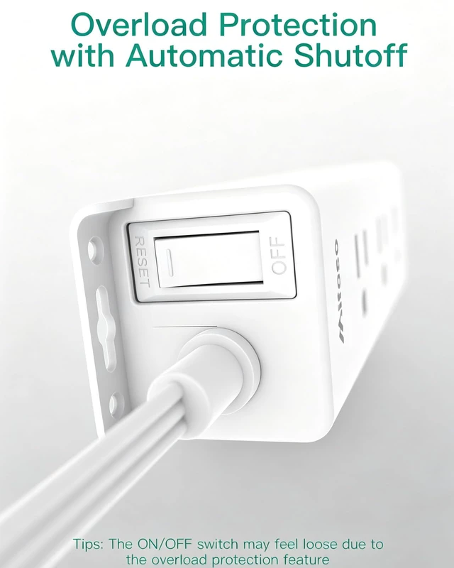 Alt view image 5 of 6 - Extension Cord with 9 Wide Spaced Multiple Outlets, Wall Mount, Flat Plug | 5Ft Surge Protector Power Strip, 3 Side Outlet Extender, Overload Protection, Home Apartment Dorm Room Essentials, White
