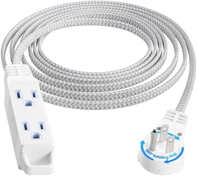 Main image of 10Ft 360° Rotating Flat Plug Extension Cord with 3 Outlets | Flat Wall Plug, Braided Flat White Extension Cord for Indoor Use, Home, Office, 16/3C SPT, ETL Listed
