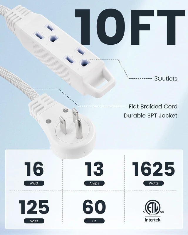 Alt view image 2 of 7 - 10Ft 360° Rotating Flat Plug Extension Cord with 3 Outlets | Flat Wall Plug, Braided Flat White Extension Cord for Indoor Use, Home, Office, 16/3C SPT, ETL Listed