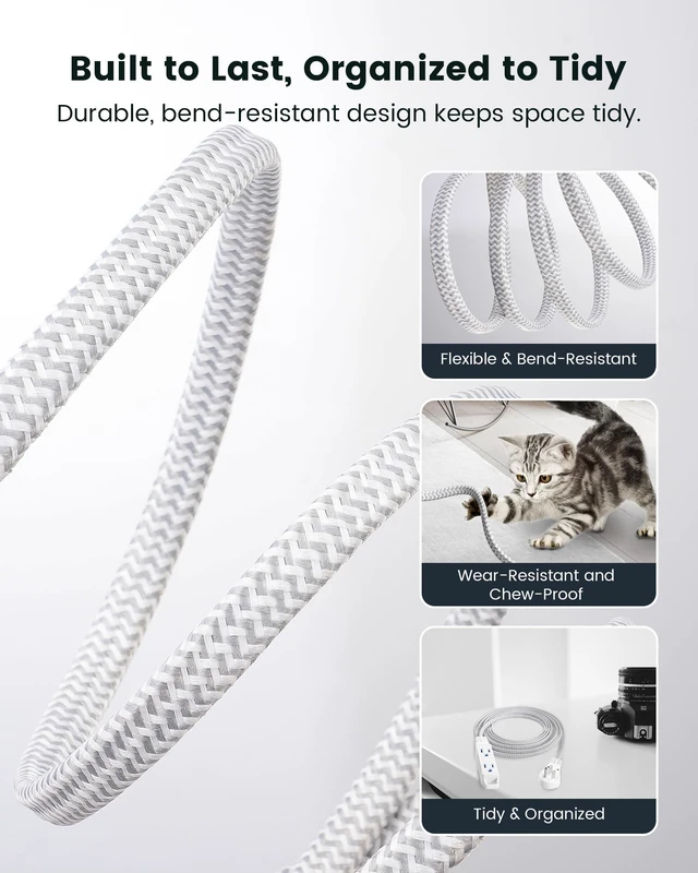 Alt view image 5 of 7 - 10Ft 360° Rotating Flat Plug Extension Cord with 3 Outlets | Flat Wall Plug, Braided Flat White Extension Cord for Indoor Use, Home, Office, 16/3C SPT, ETL Listed
