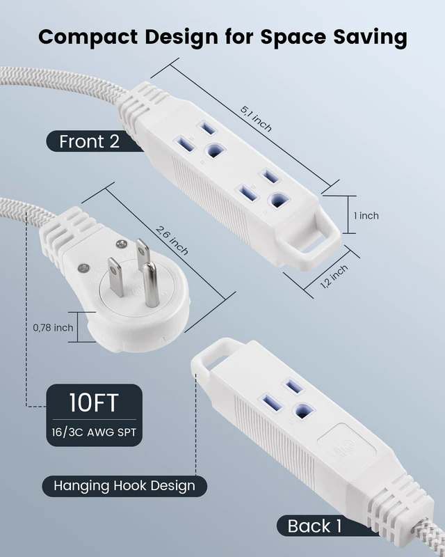 Alt view image 7 of 7 - 10Ft 360° Rotating Flat Plug Extension Cord with 3 Outlets | Flat Wall Plug, Braided Flat White Extension Cord for Indoor Use, Home, Office, 16/3C SPT, ETL Listed