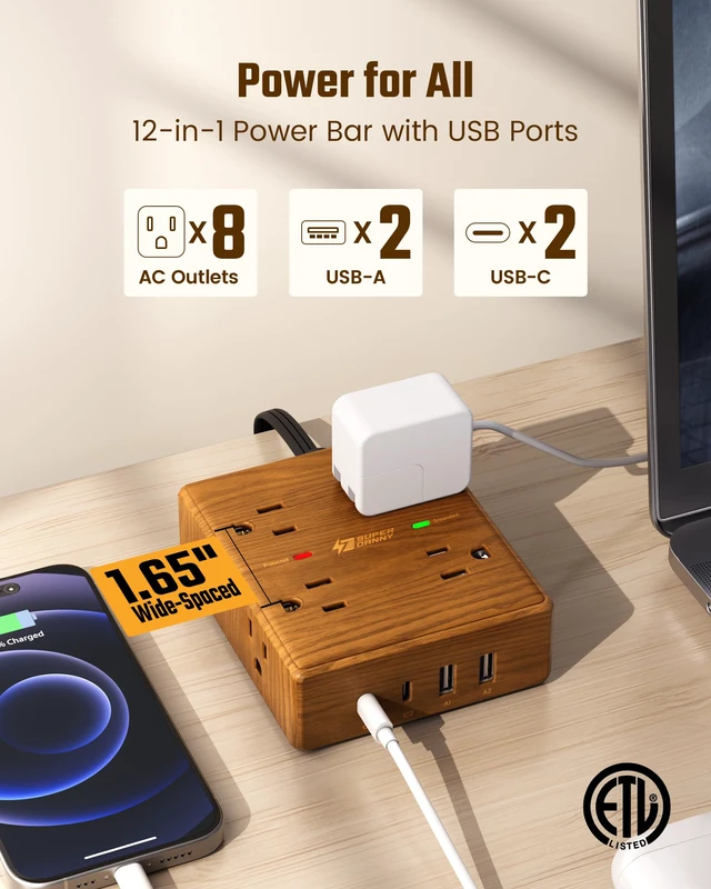 Alt view image 4 of 7 - Brown Extension Cord 10Ft, Flat Plug Power Strip Surge Protector | Outlet Extender with 8 Outlets & 4 USB (2 USB C), Desktop Charging Station, Decorative Office Desk Accessories, Brown Wood
