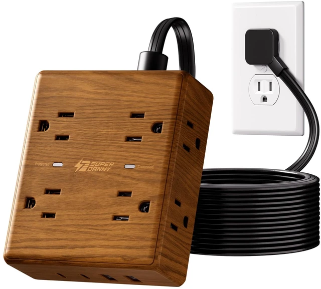 Main image of Brown Extension Cord 10Ft, Flat Plug Power Strip Surge Protector | Outlet Extender with 8 Outlets & 4 USB (2 USB C), Desktop Charging Station, Decorative Office Desk Accessories, Brown Wood