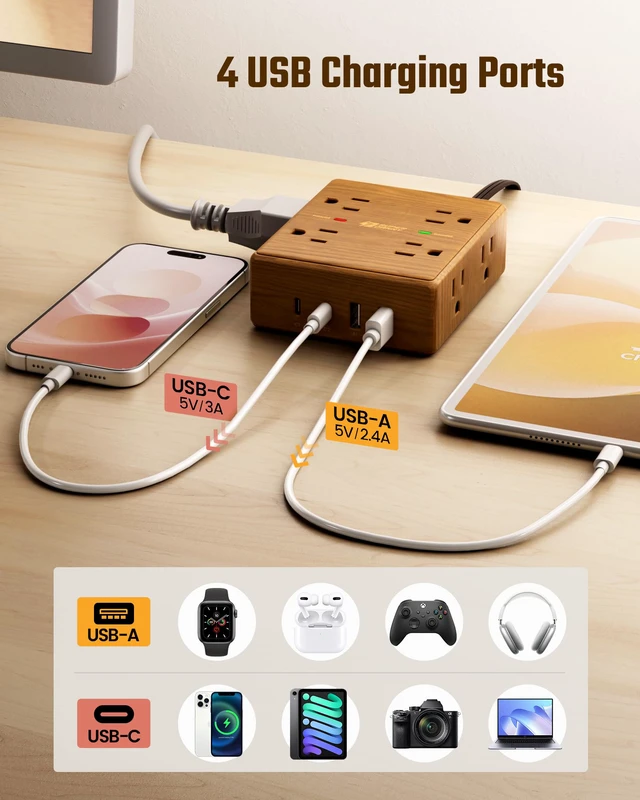 Alt view image 5 of 7 - Brown Extension Cord 10Ft, Flat Plug Power Strip Surge Protector | Outlet Extender with 8 Outlets & 4 USB (2 USB C), Desktop Charging Station, Decorative Office Desk Accessories, Brown Wood