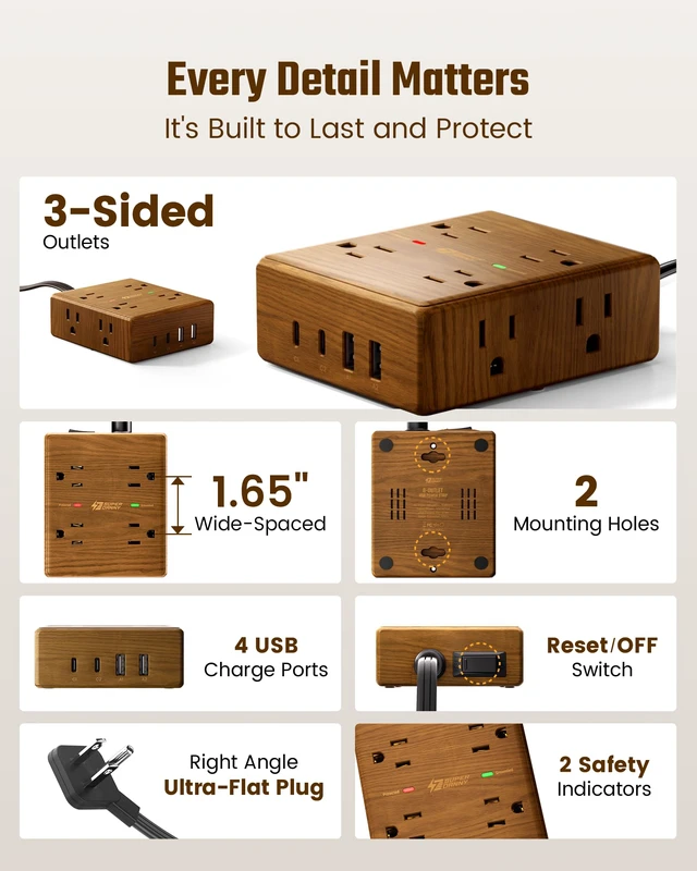 Alt view image 7 of 7 - Brown Extension Cord 10Ft, Flat Plug Power Strip Surge Protector | Outlet Extender with 8 Outlets & 4 USB (2 USB C), Desktop Charging Station, Decorative Office Desk Accessories, Brown Wood