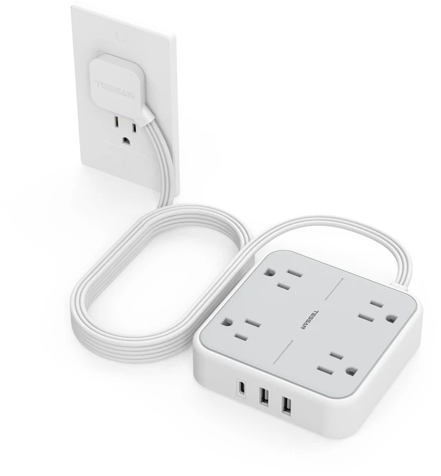Main image of Surge Protector Flat Extension Cord 10Ft, Flat Plug Power Strip | 4 Outlets 3 USB Ports (1 USB C), 900 Joules Protection, Multiple Wall Outlet Extender Suitable for Home Office Dorm, Grey