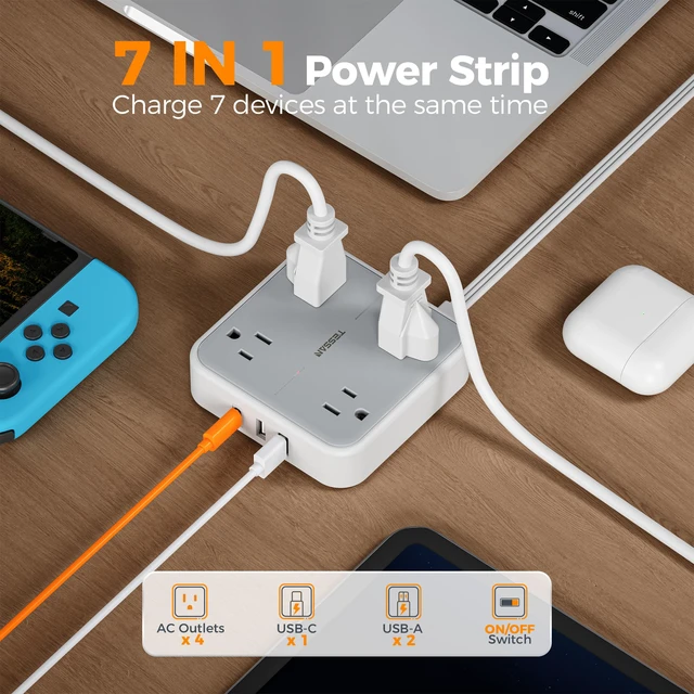 Alt view image 2 of 7 - Surge Protector Flat Extension Cord 10Ft, Flat Plug Power Strip | 4 Outlets 3 USB Ports (1 USB C), 900 Joules Protection, Multiple Wall Outlet Extender Suitable for Home Office Dorm, Grey