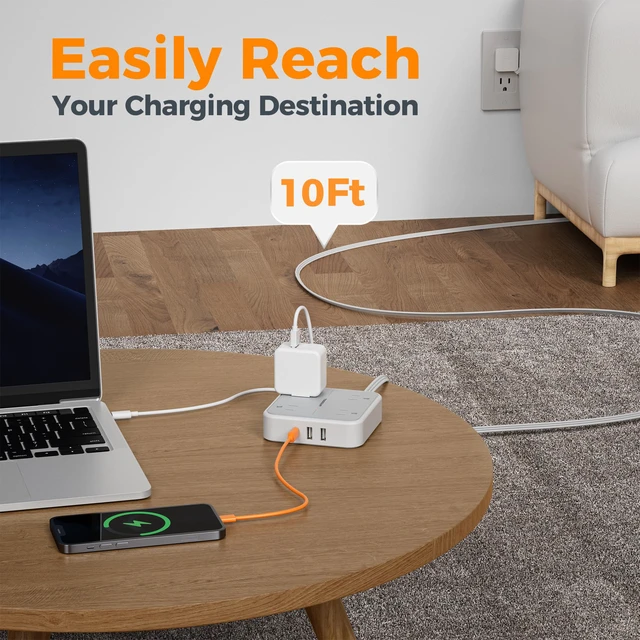 Alt view image 3 of 7 - Surge Protector Flat Extension Cord 10Ft, Flat Plug Power Strip | 4 Outlets 3 USB Ports (1 USB C), 900 Joules Protection, Multiple Wall Outlet Extender Suitable for Home Office Dorm, Grey